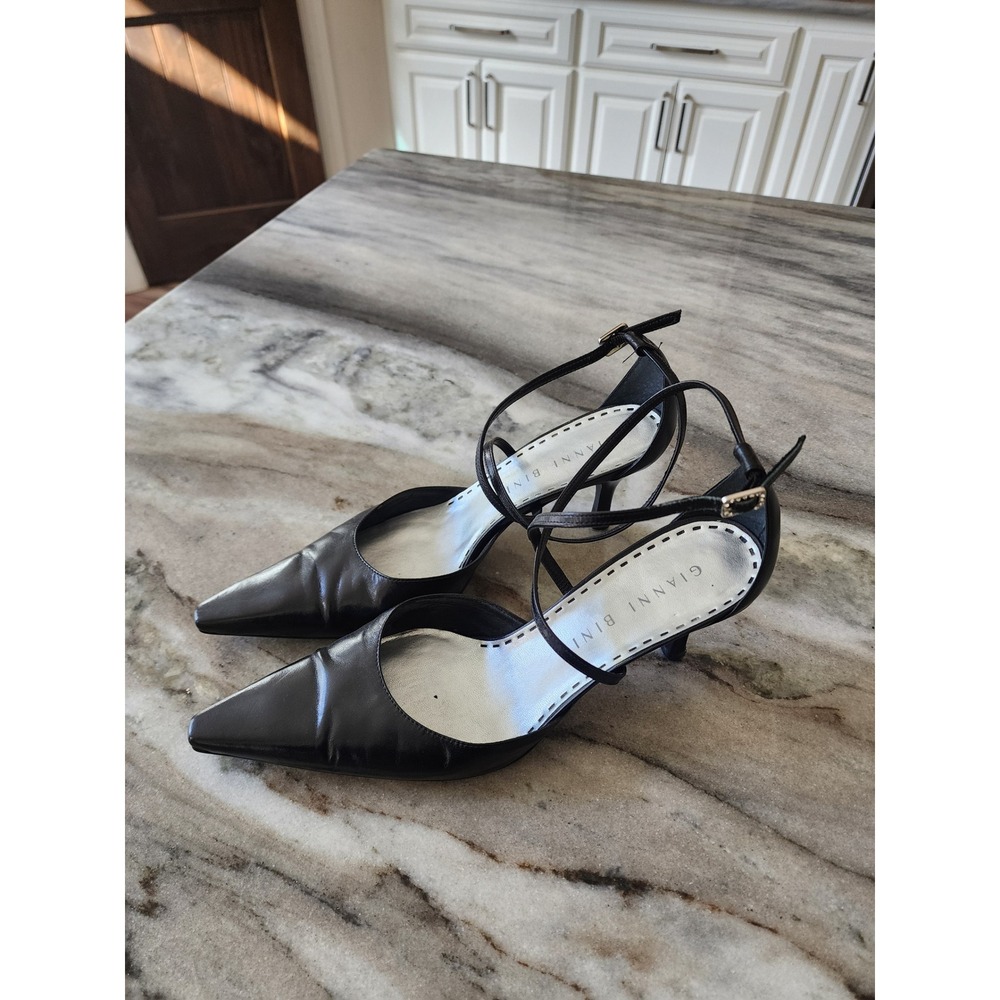 Gianni Bini Black Leather Pointed Toe Kitten Heels Rhinestone Buckle Strappy 9M